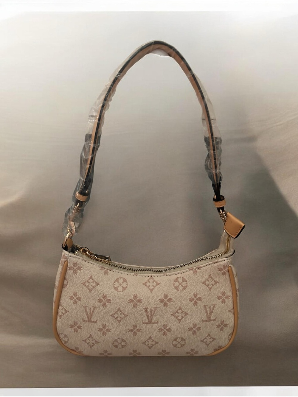 Cream Monogram Mini Shoulder Bag with Tan Trim